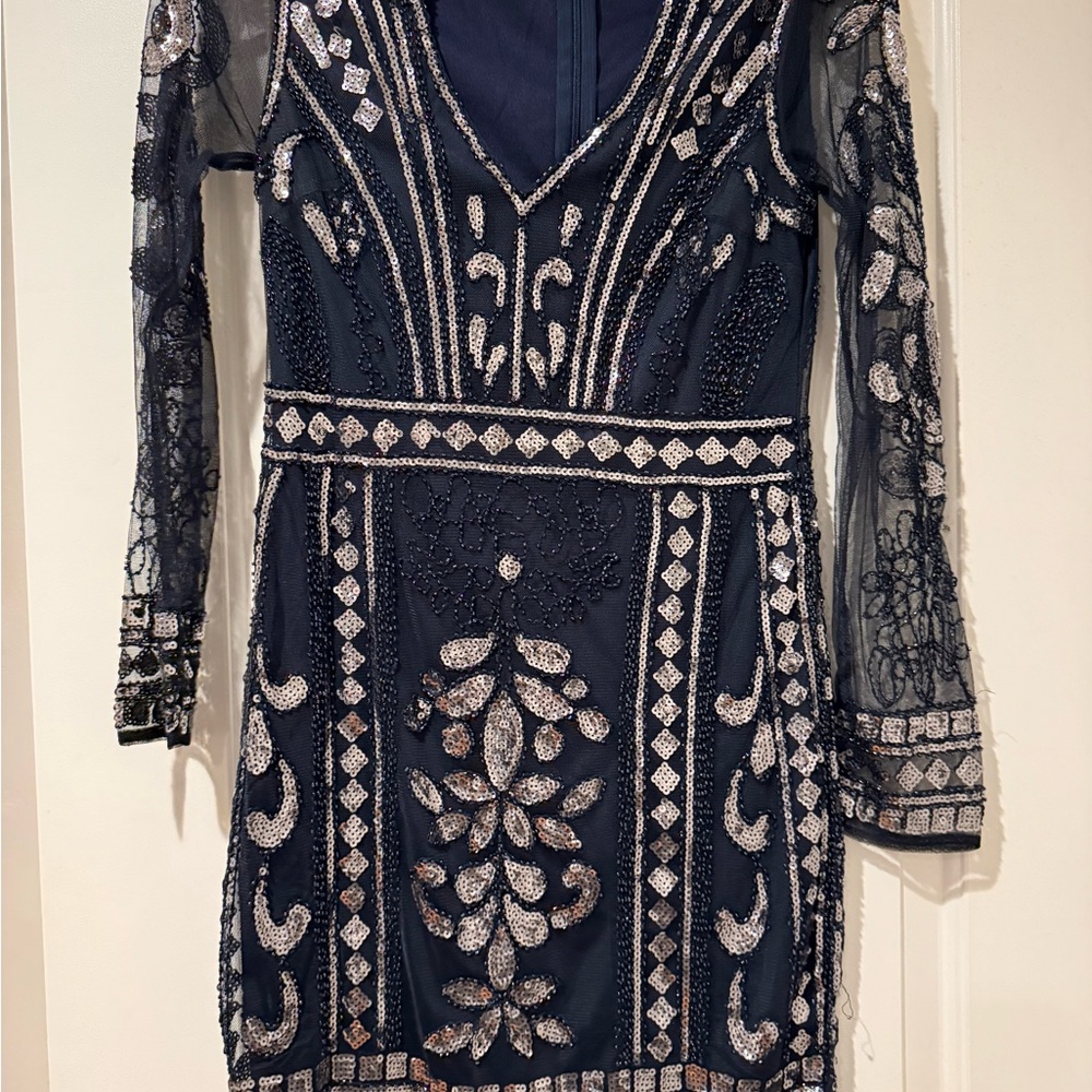 Minuet Petite Navy Dress with Silver Detailing